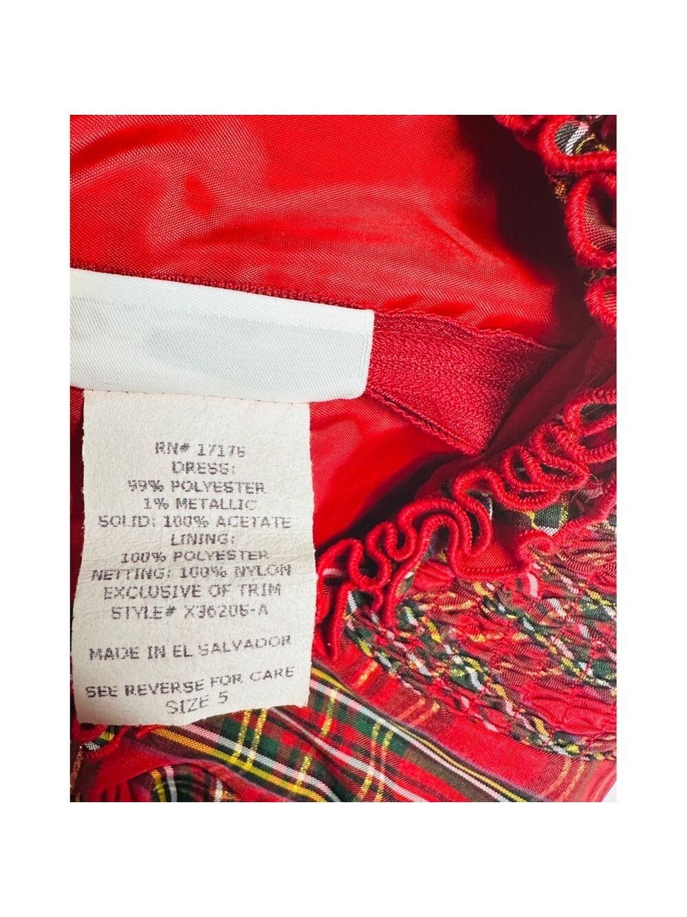 Girls Red Plaid Smocked Holiday Dress Short Puff Sleeve Tulle Size 5 - Picture 10 of 10